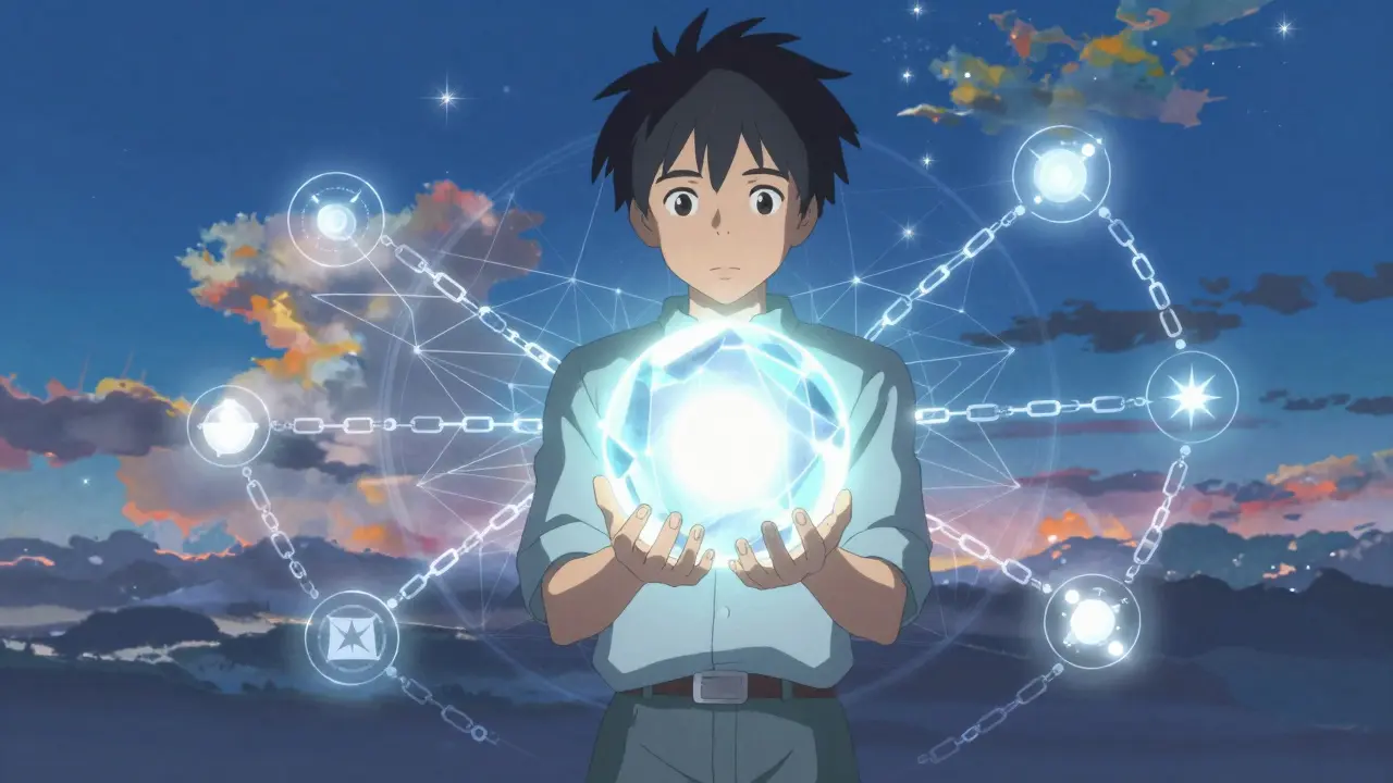 Glowing crystal orb representing fair Chainlink VRF randomness in anime style