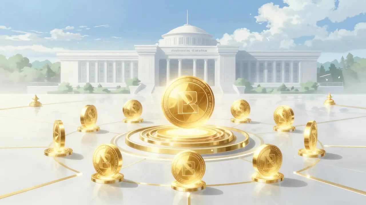 Glowing structured tokens representing NDAChain blockchain in serene digital space