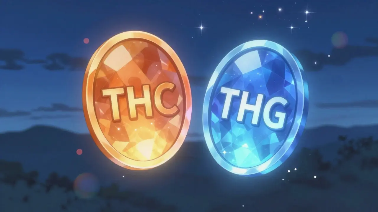 Glowing THC and THG tokens floating in starry sky