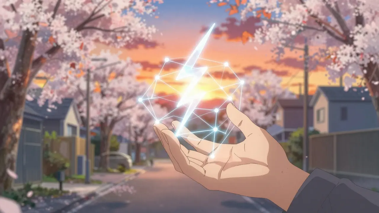 Hand connecting to a glowing Lightning Network structure against a sunset backdrop.