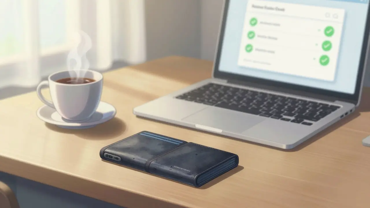 Hardware wallet and laptop on desk showing secure crypto payments in bright morning light