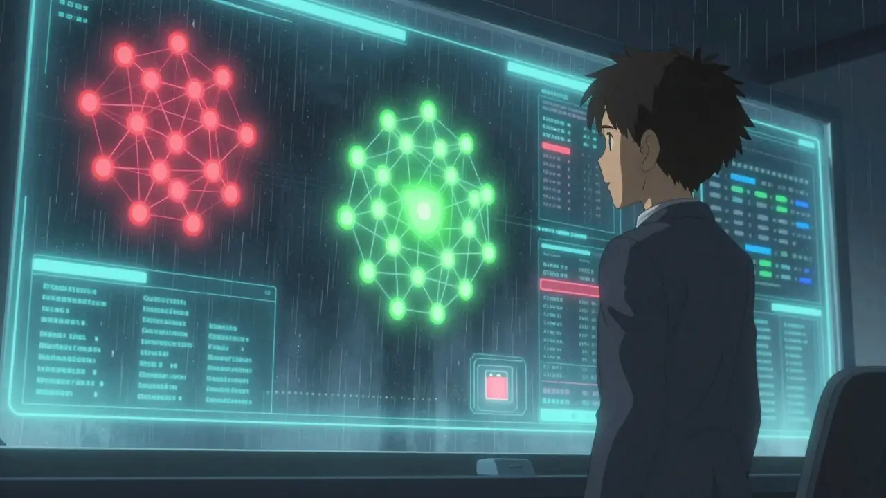 Holographic graph analysis screen showing connected wallet nodes in a control room.