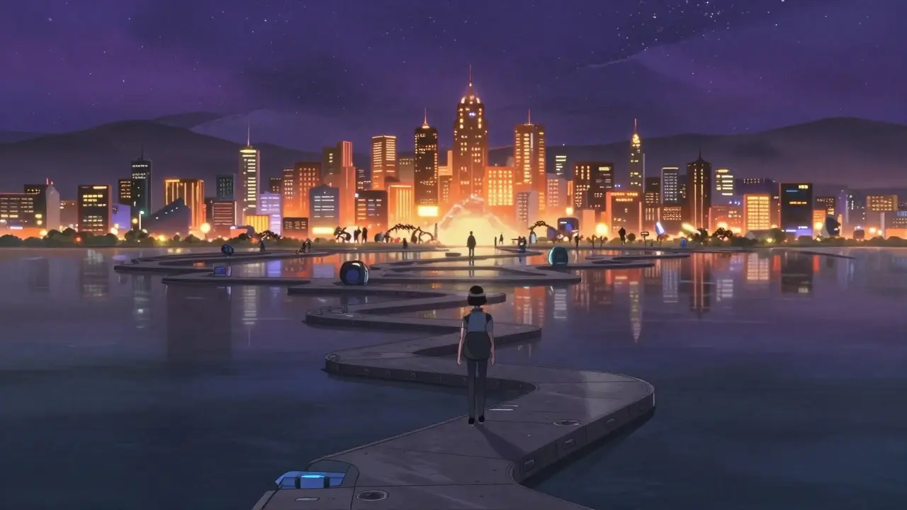 Lone traveler on ZigZag path vs busy Arbitrum city skyline in Makoto Shinkai art style