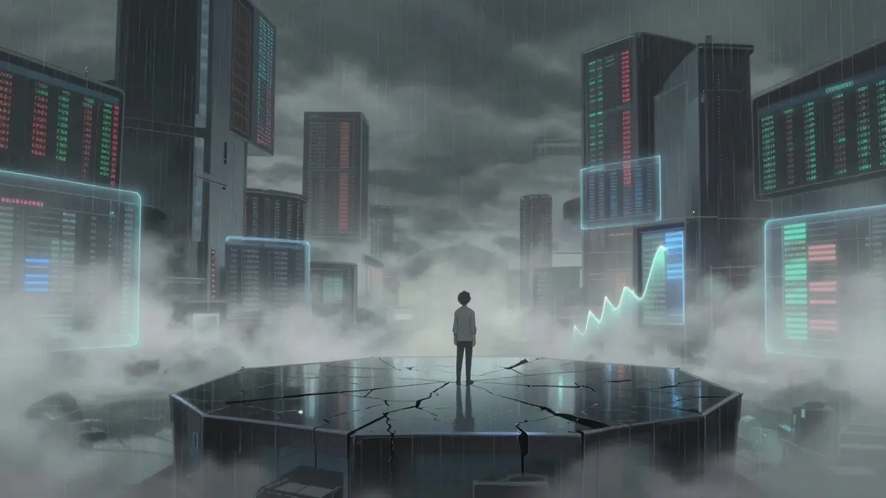 Lonely figure on a deserted digital platform with fading price charts in mist.