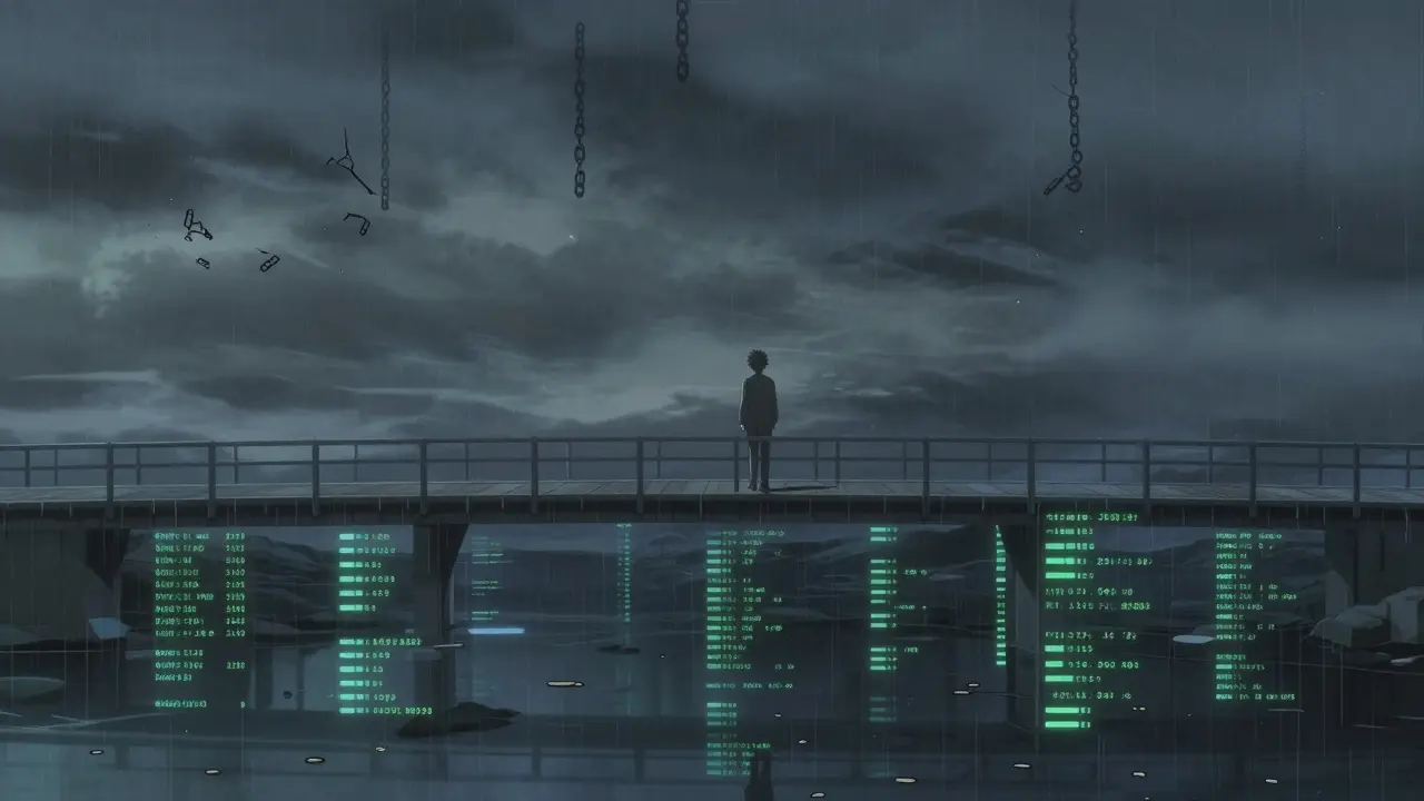 Melancholic anime scene of a lonely figure on a dark bridge symbolizing low liquidity.