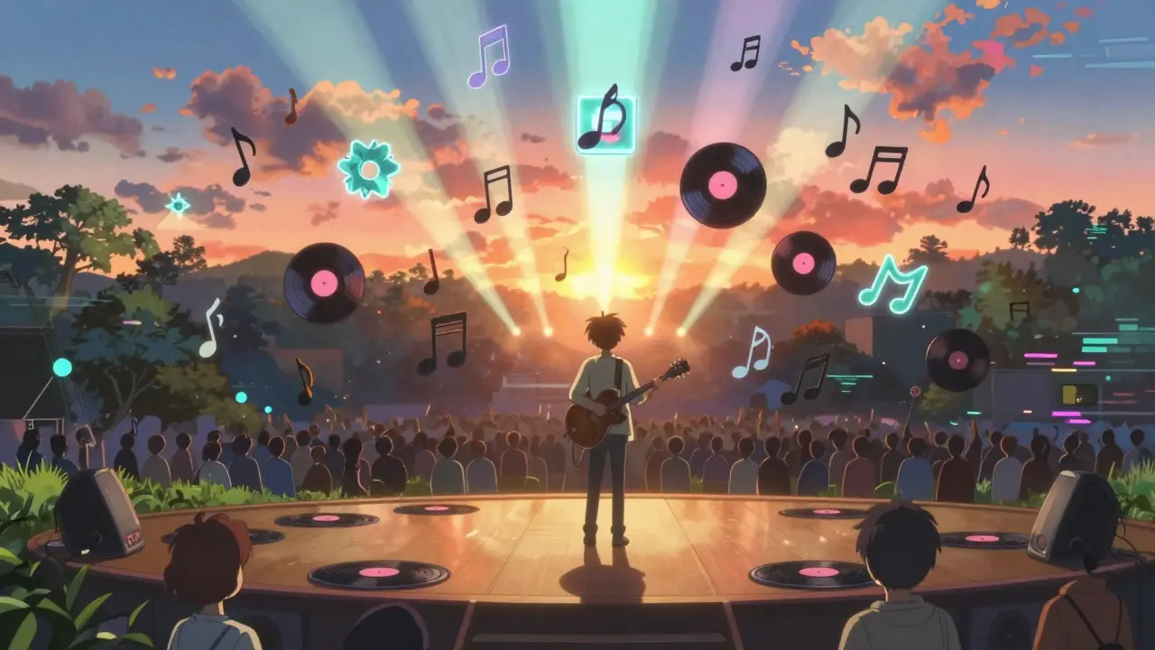 Musician on stage with floating NFTs connecting to fans in anime art