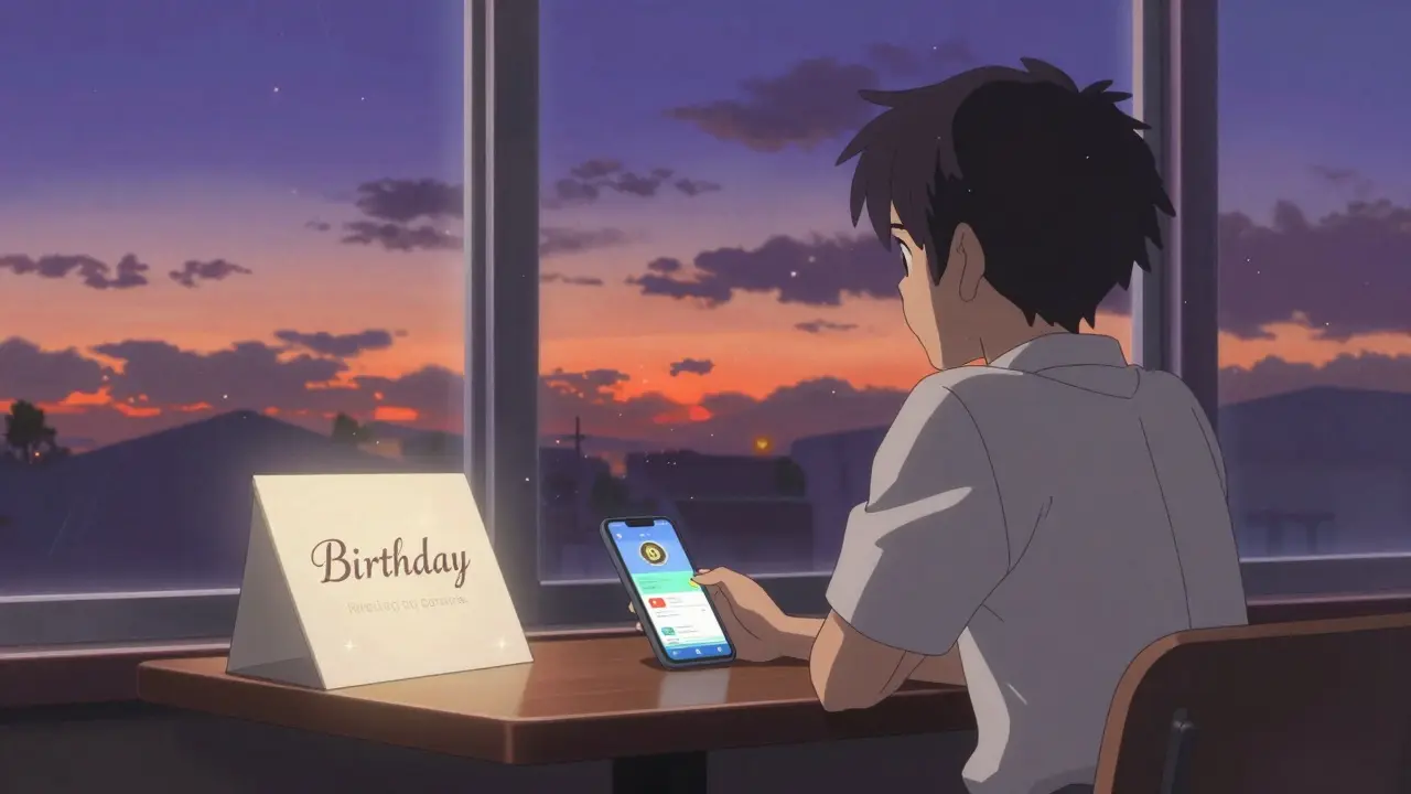 Person contemplating digital vs physical gifts at cafe window
