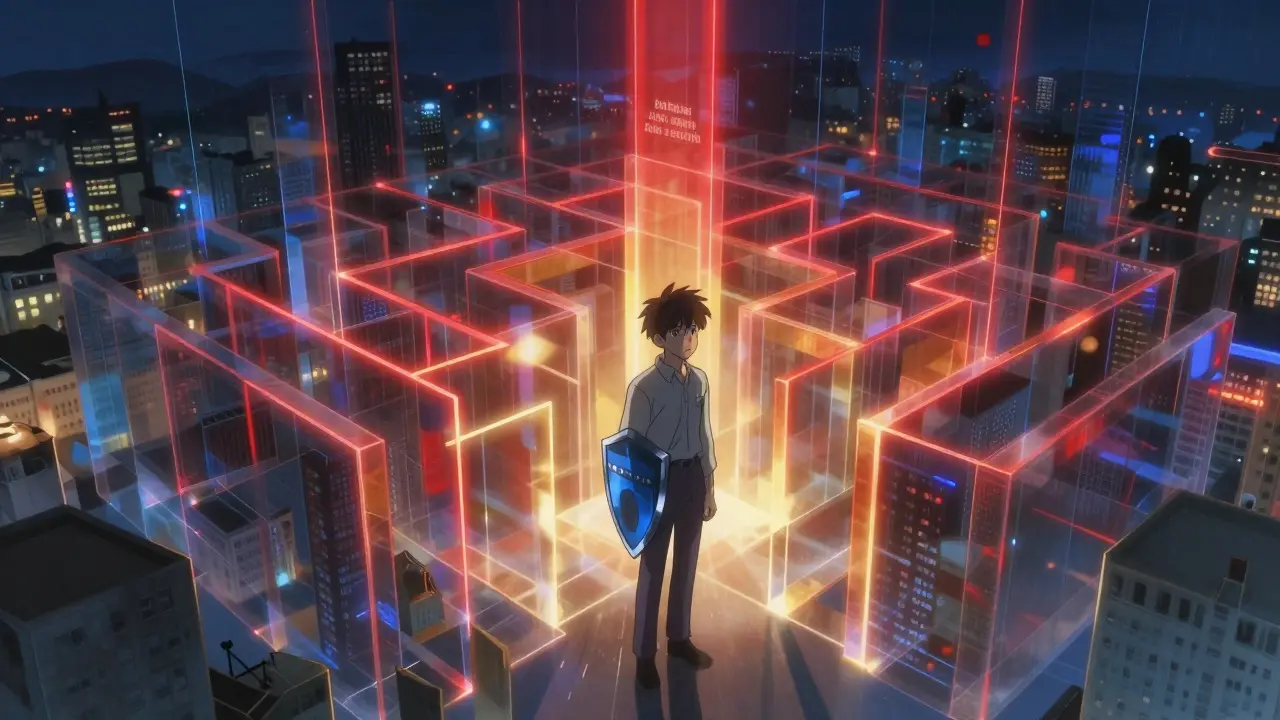 Person facing glowing red maze representing crypto compliance barriers