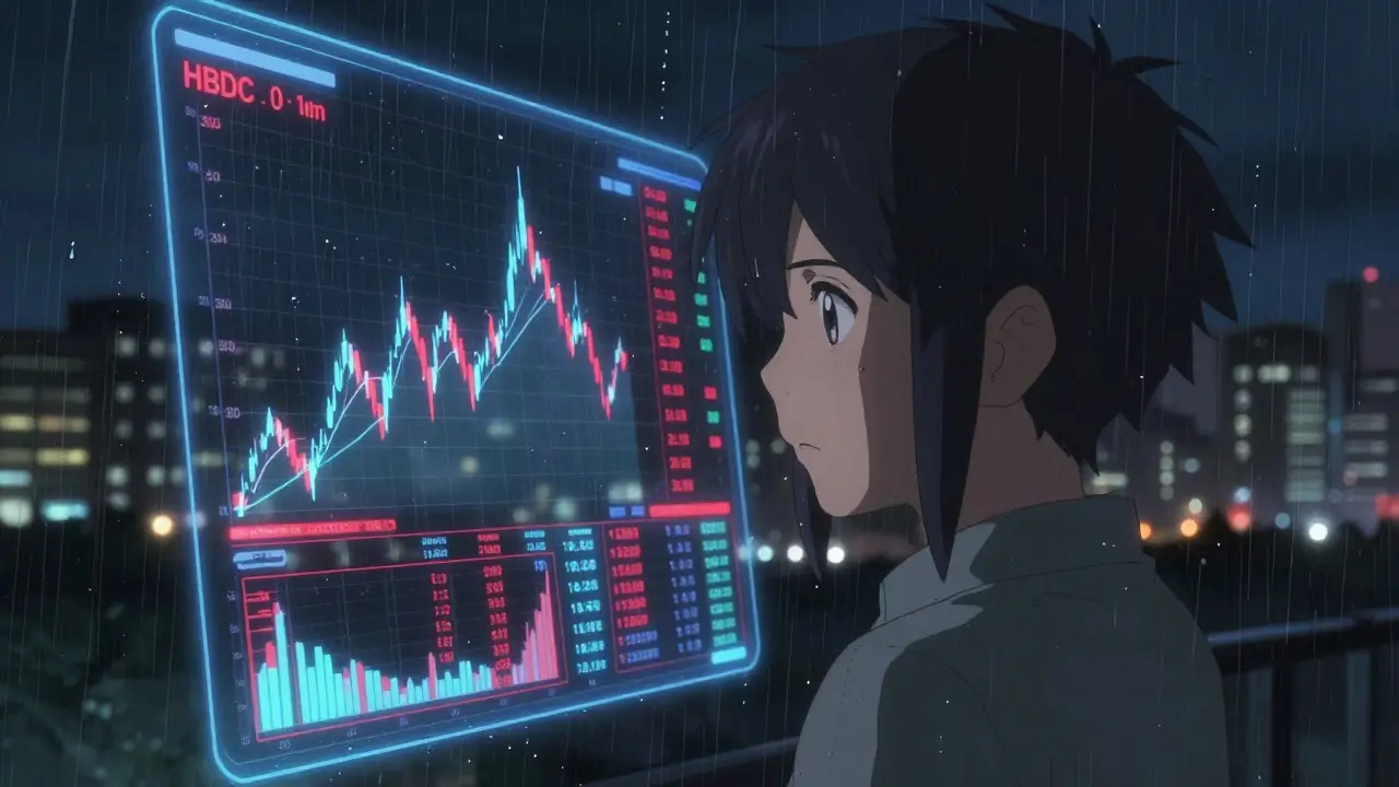 Rainy night scene with floating volatile crypto price charts