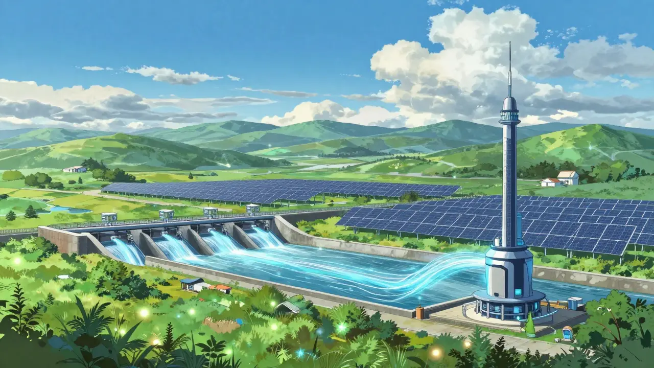 Scenic anime landscape of renewable energy powering modern mining operations.