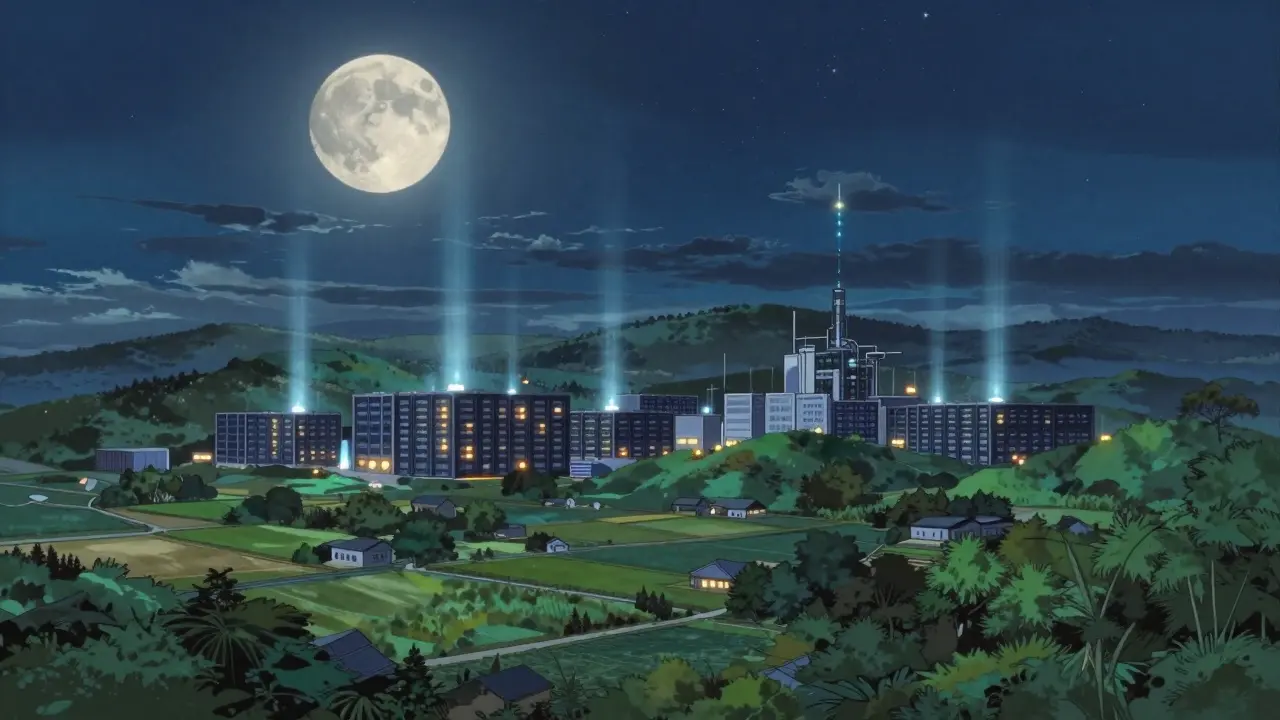 Server farms in a rural landscape under a starry sky, symbolizing decentralized compute.