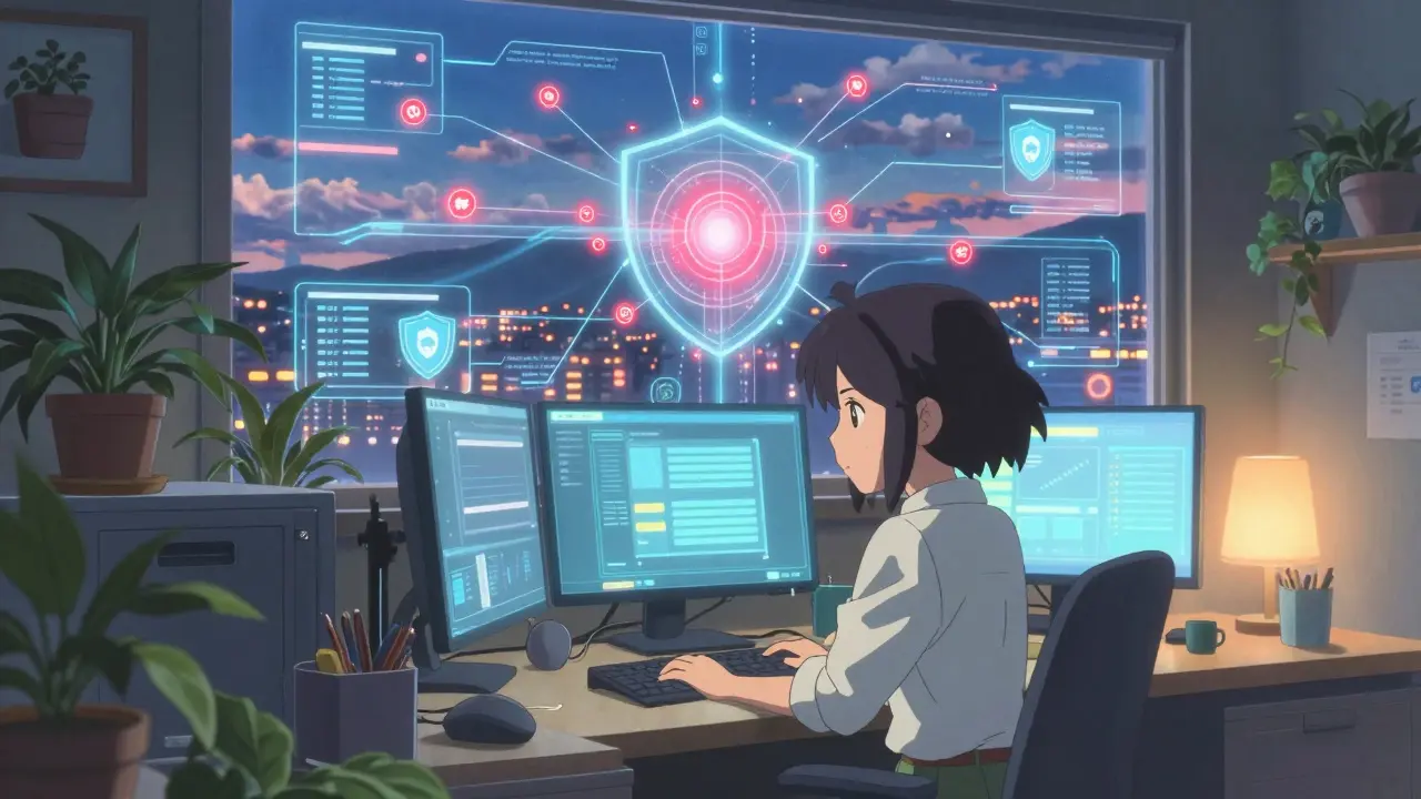 Shinkai-style scene of engineer defending crypto systems from cyber threats