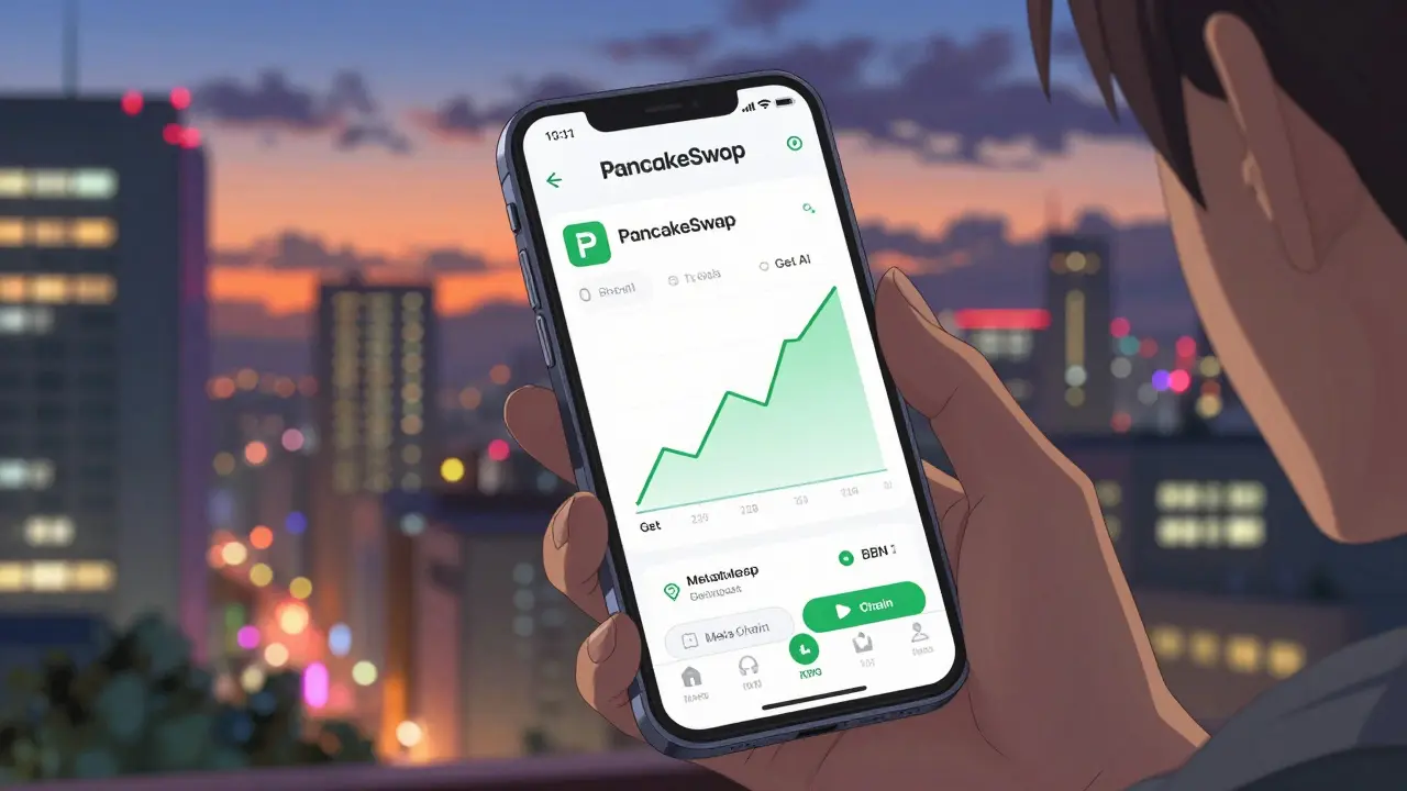 Smartphone showing rising crypto chart against a vibrant city twilight backdrop