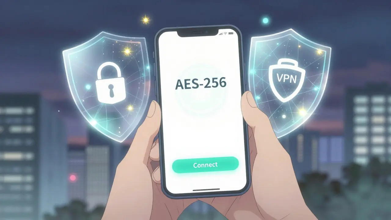 Smartphone with VPN shield protecting data in anime style
