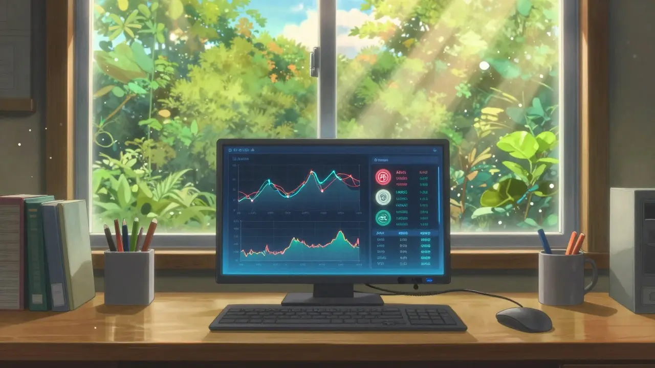 Sunlit study with glowing crypto charts on desk