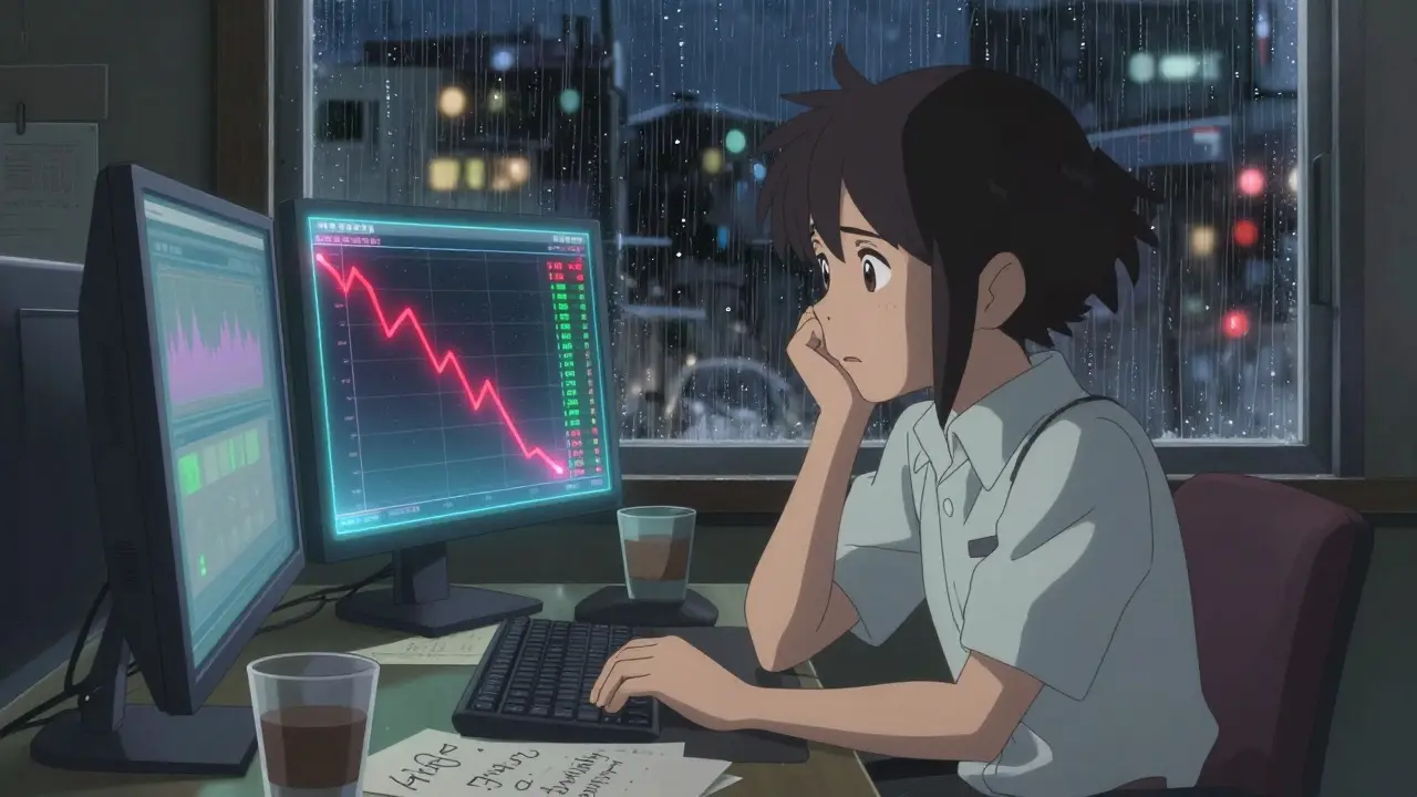 Trader looking at zero-volume charts in anime style