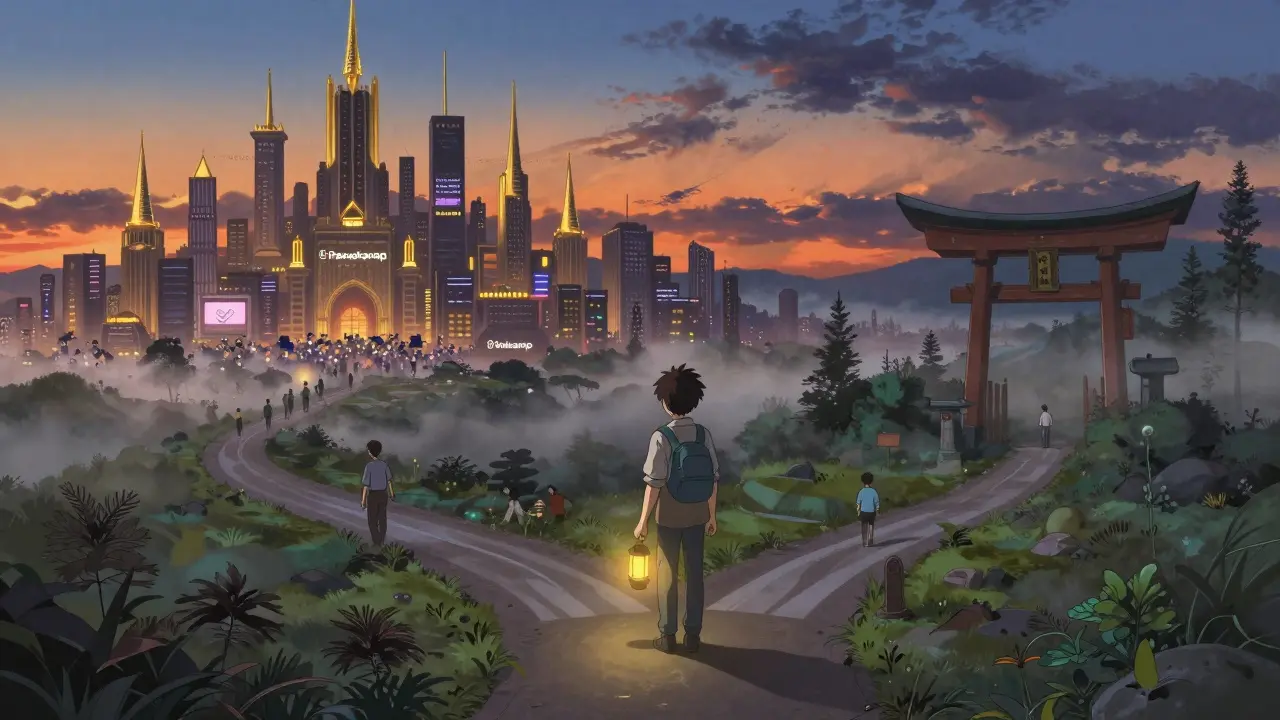 Traveler choosing between safe city and risky path