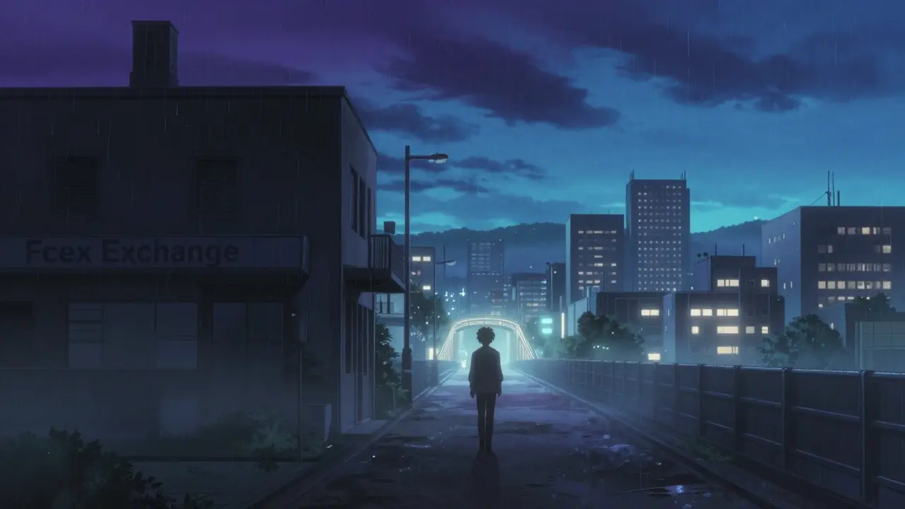 A wide Makoto Shinkai-style scene of a person leaving the shadowy Fcex Exchange behind, walking toward a bright, safe future, symbolizing the advice to avoid scams and choose regulated platforms.