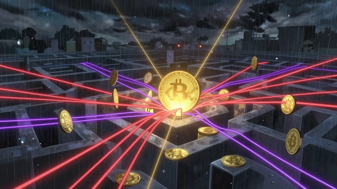 Abstract anime art of illicit crypto funds being caught by detection nets