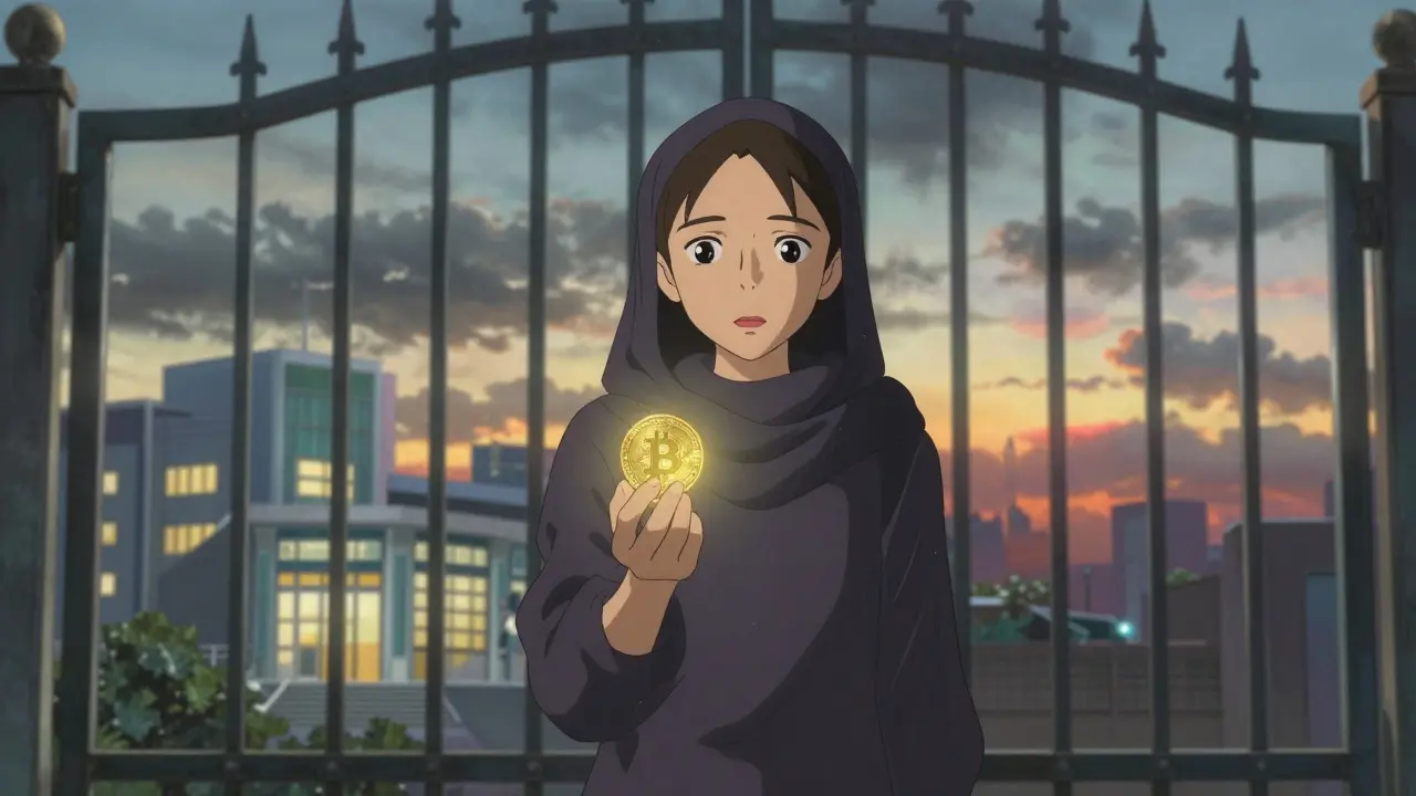 Afghan woman holding glowing crypto token behind restrictive gate