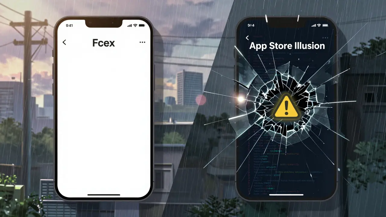An anime key visual illustrating the 'App Store Illusion,' where a polished Fcex app interface cracks to reveal hidden dangers, set against a moody, rain-swept urban background.