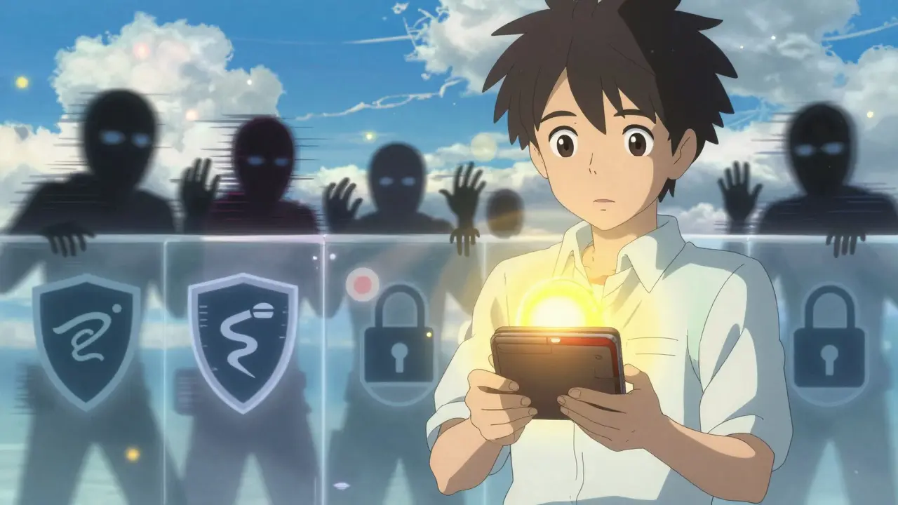 Anime art showing a user protected by a shield from shadowy bot scammers.