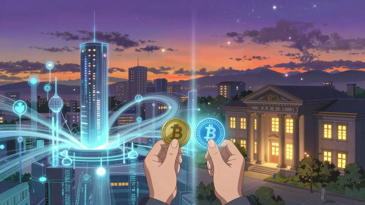 Anime art showing hybrid future of digital and traditional finance