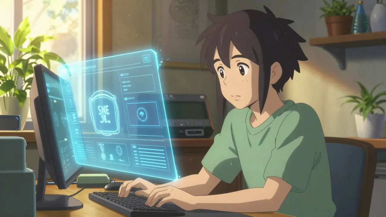 Anime character reviewing SNE token governance on a hologram