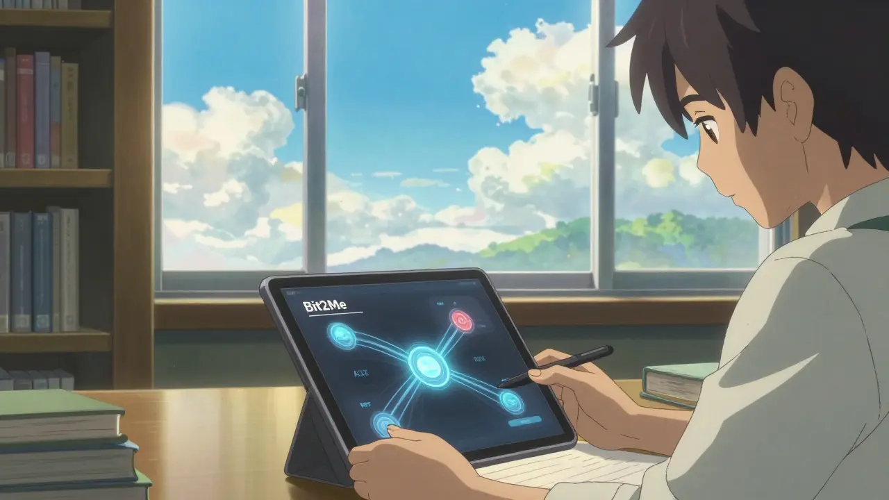 Anime character studying staking details in a sunlit room with light ribbons