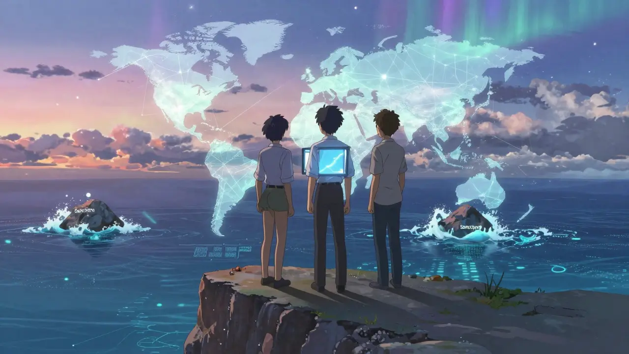 Anime figures overlooking a digital ocean symbolizing global crypto regulation