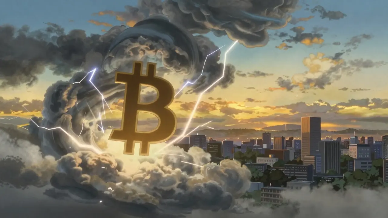Anime illustration contrasting volatile crypto storms with stable city