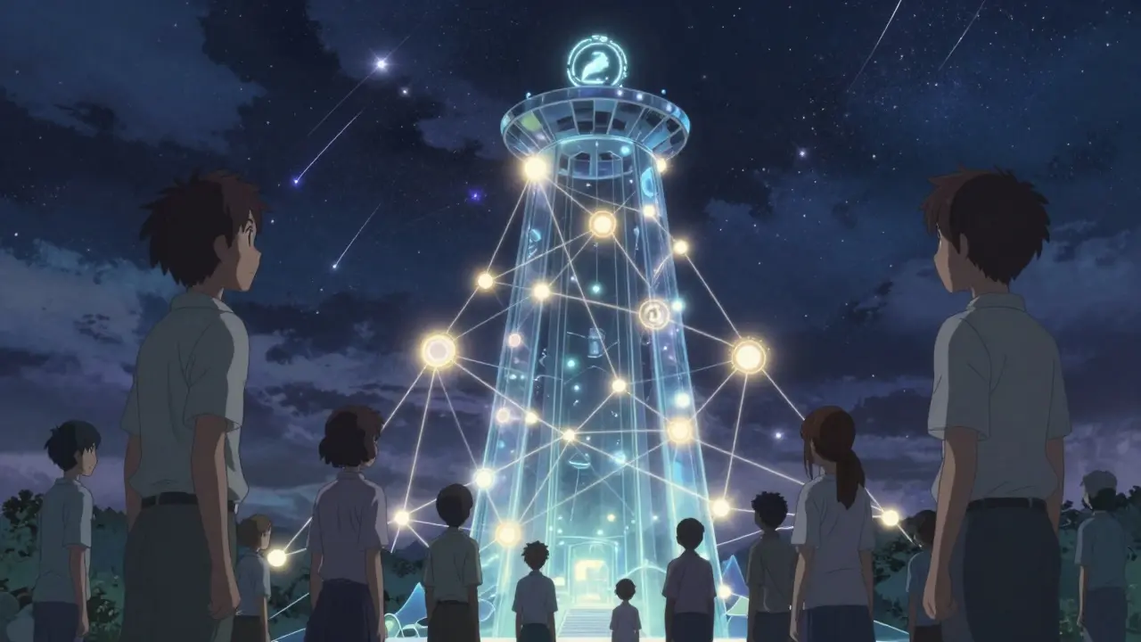 Anime scene of users connecting to a glowing blockchain tower under a starry sky.