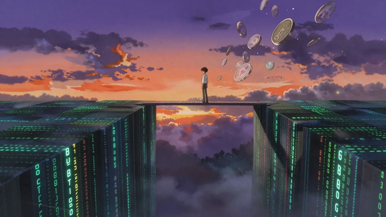 Anime style: Abstract visualization of hidden trading spreads and costs on a bridge