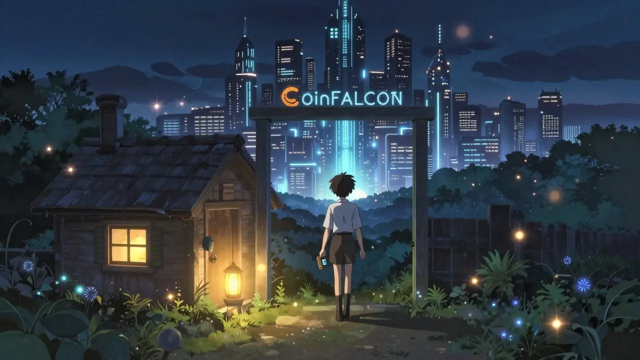Anime style: Character moving from a simple start toward a complex crypto future
