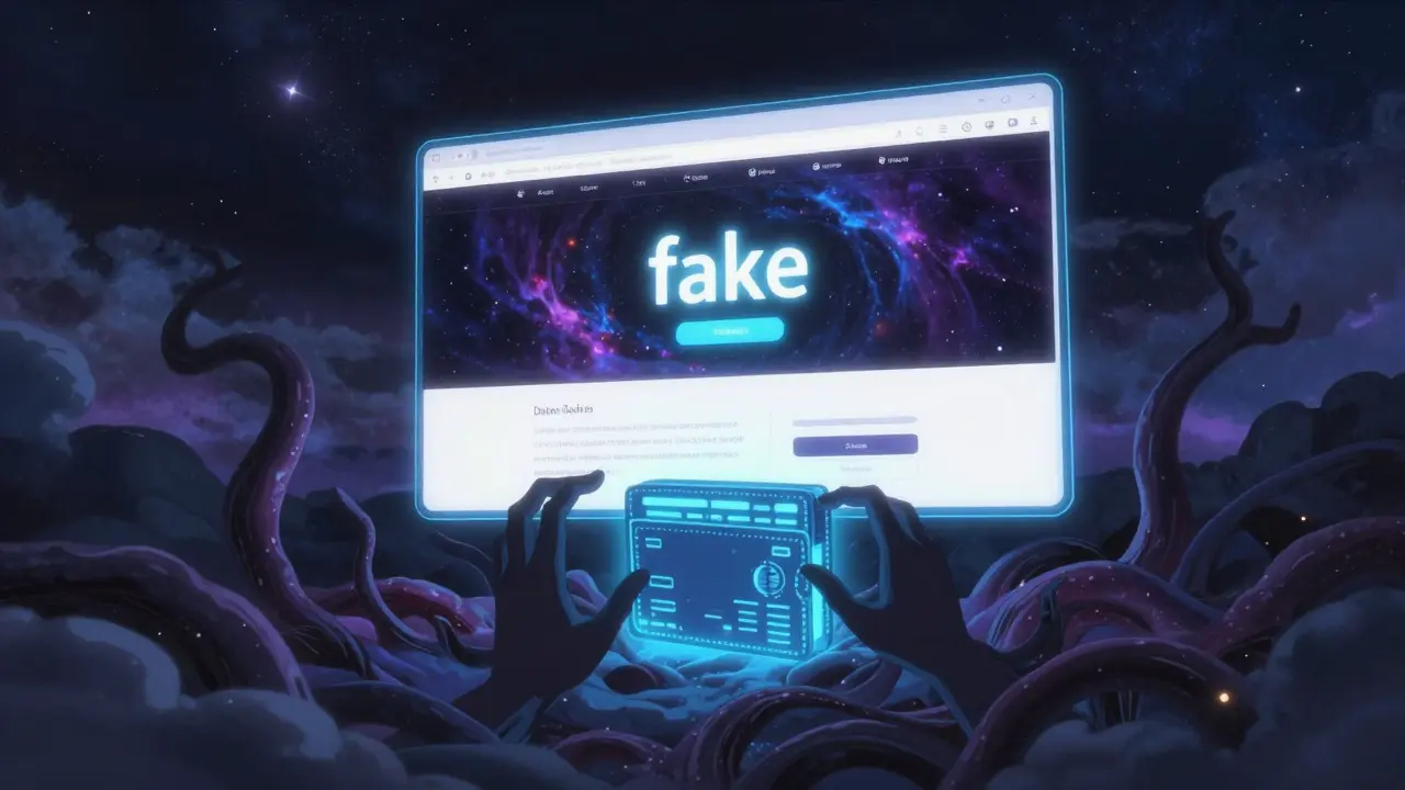 Anime style: Deceptive digital trap with shadowy tendrils stealing from a glowing crypto wallet.