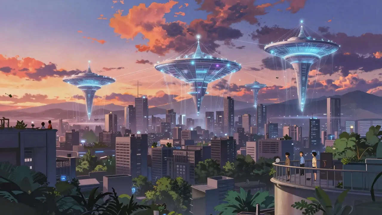 Anime style futuristic city skyline at twilight with floating data structures