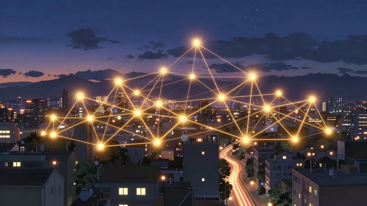 Anime style: Glowing network threads connecting city buildings at twilight