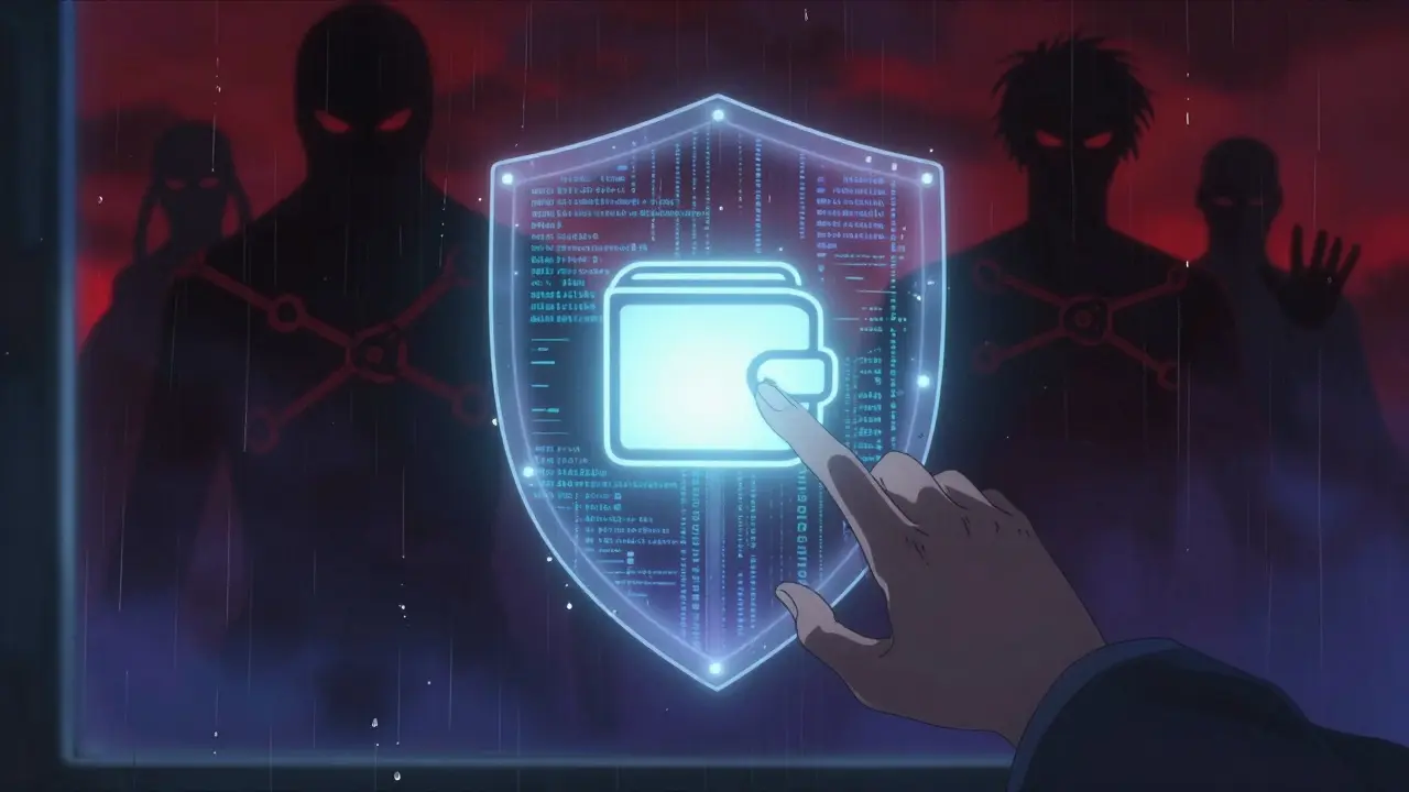 Anime style hand touching a digital security shield protecting a crypto wallet