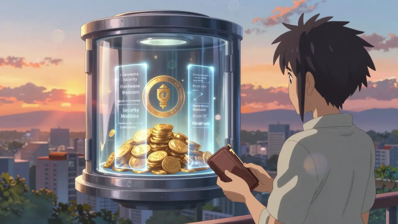 Anime style: Secure digital vault protecting assets under a warm sunset sky with a calm user.