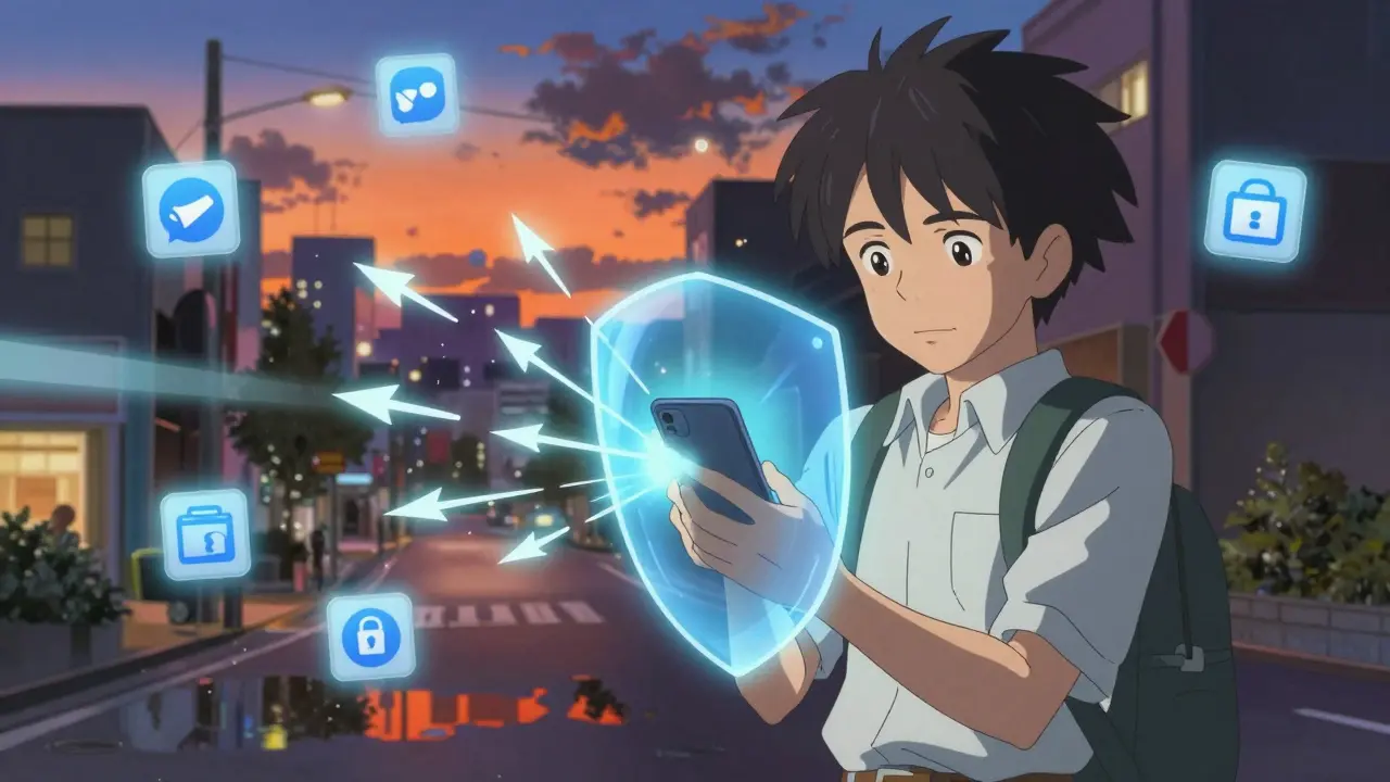 Anime user protected by a digital shield against cyber threats at twilight