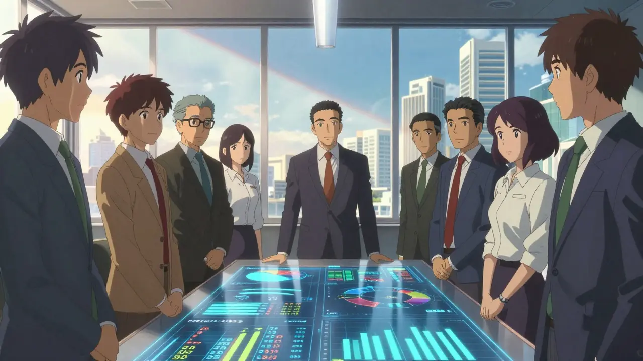 Business executives reviewing holographic financial data in a Dubai office