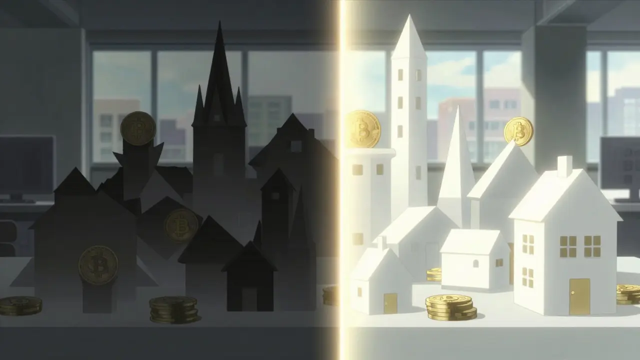 Conceptual art contrasting banned crypto shadows with bright tokenized assets