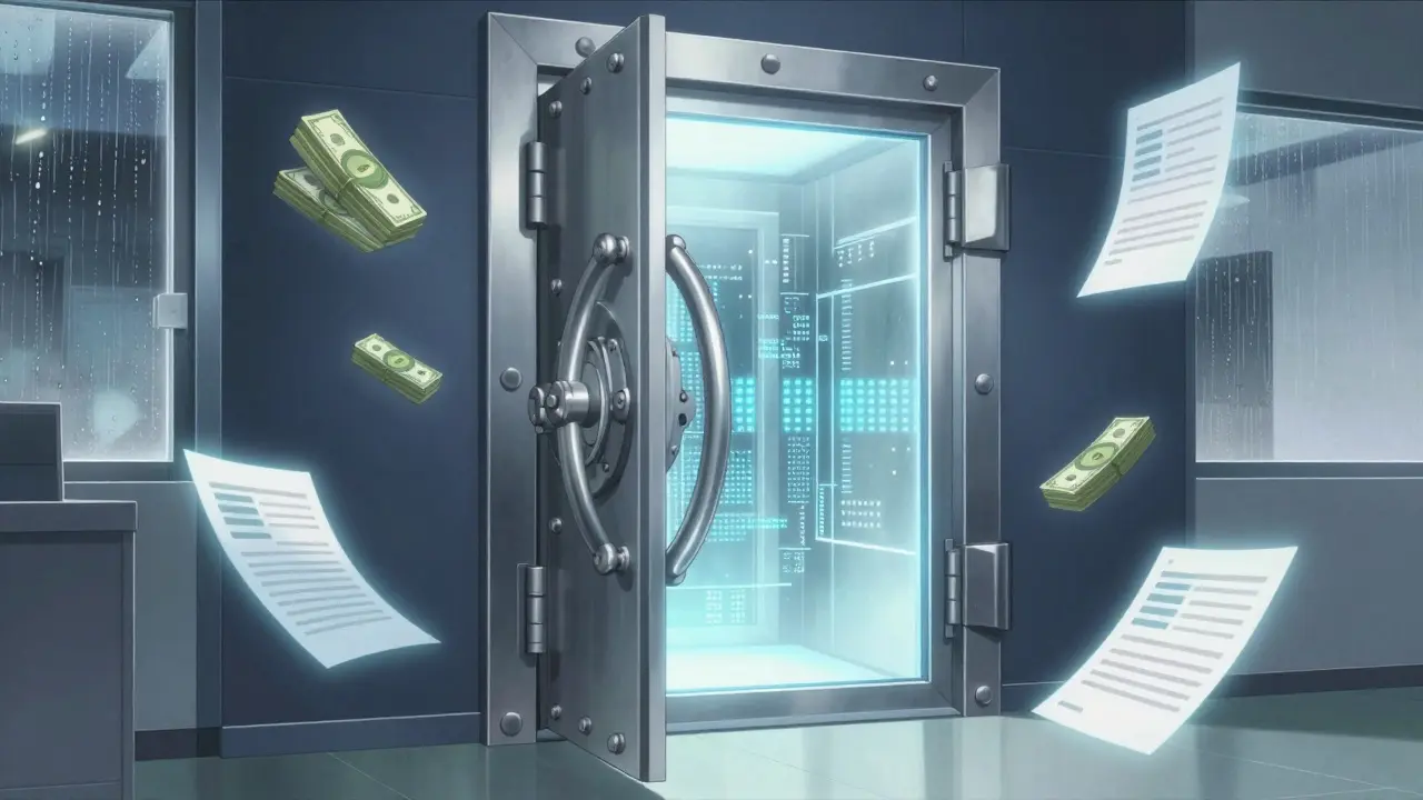 Conceptual art of a secure vault with glowing digital funds