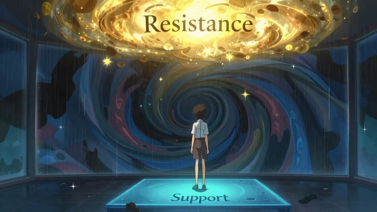 Conceptual art of a trader balancing between support and resistance levels in anime style