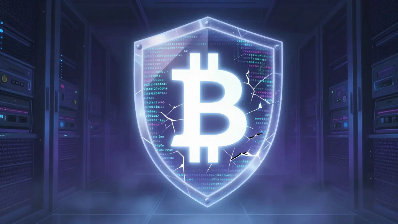 Cracked digital shield around Bitcoin symbolizing lack of security