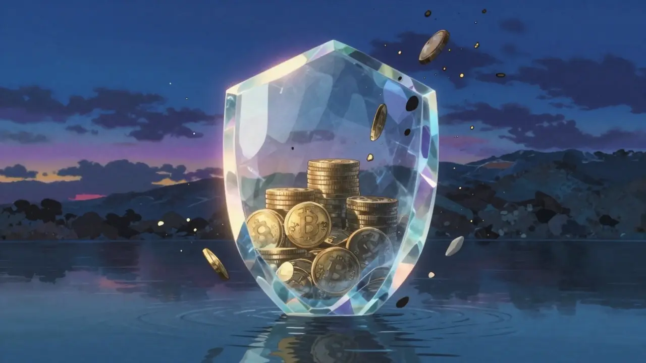 Crystal shield protecting gold coins in anime style