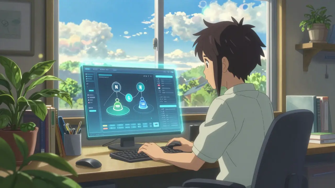 Developer testing experimental finance tools in a sunny room, anime style