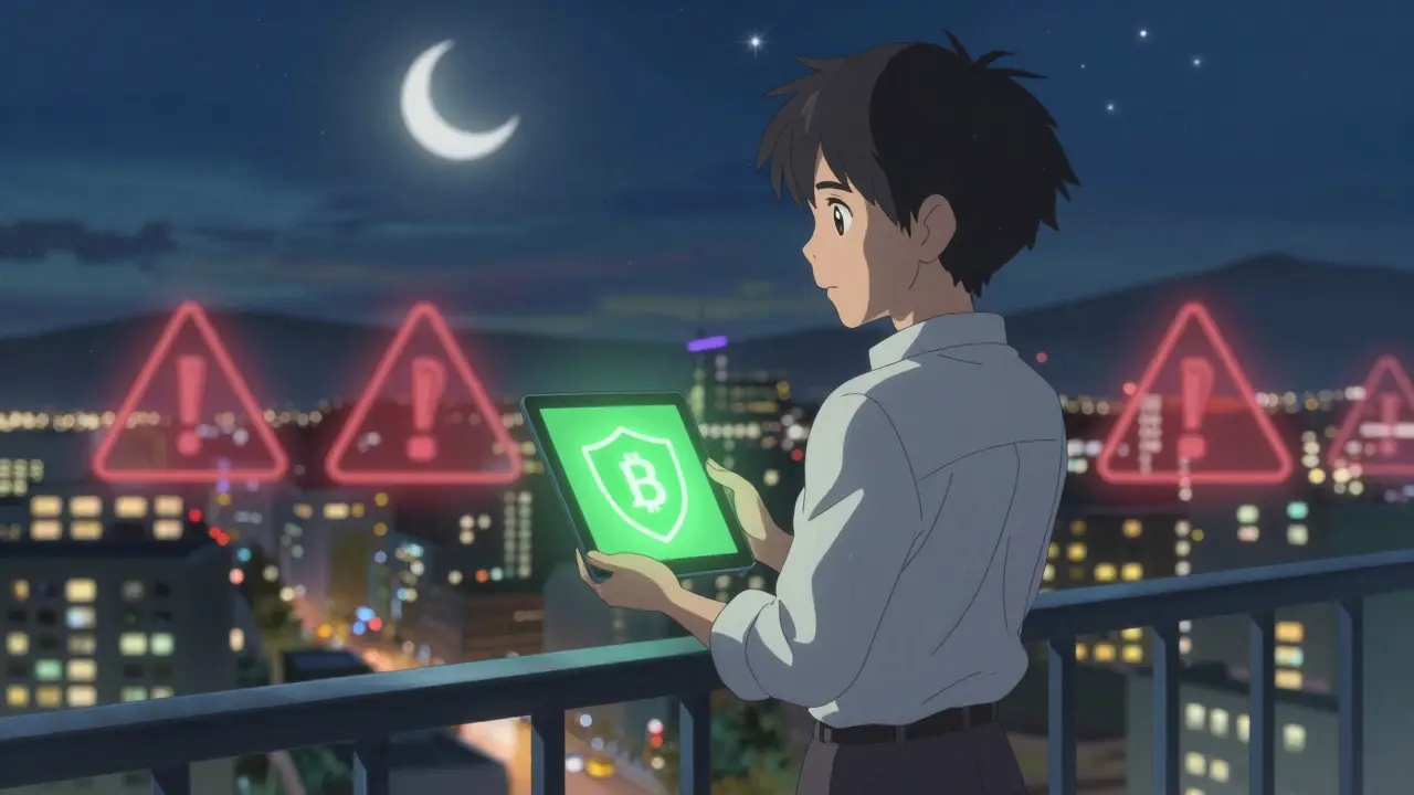 Entrepreneur overlooking city with secure crypto shield icon on tablet