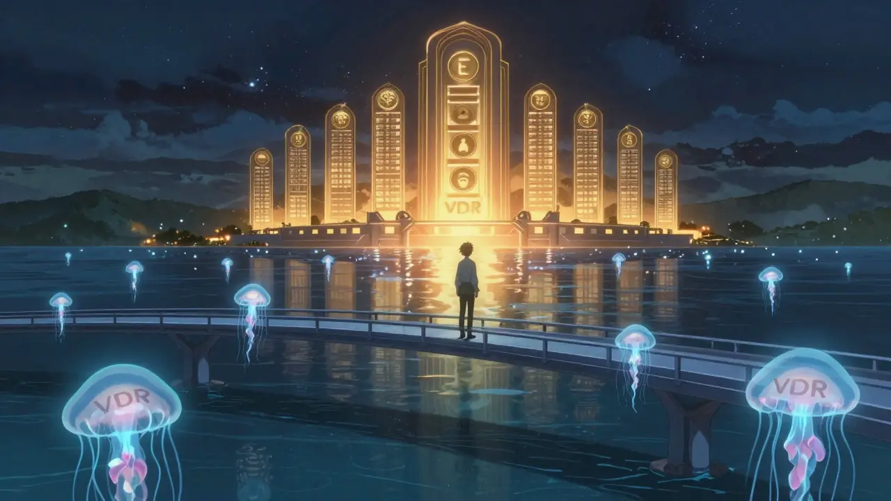 Figure on bridge overlooking digital ocean of floating tokens