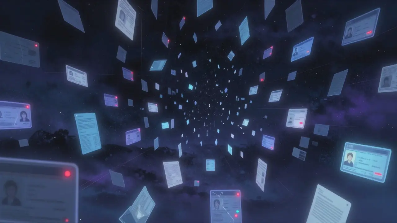 Floating broken ID cards in digital void representing data breaches